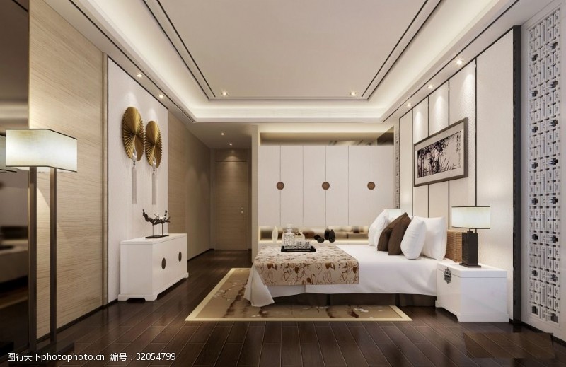 床头灰色背景新中式卧室设计图