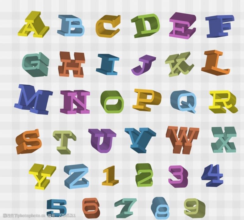 26个大写字母彩色立体字母与数字