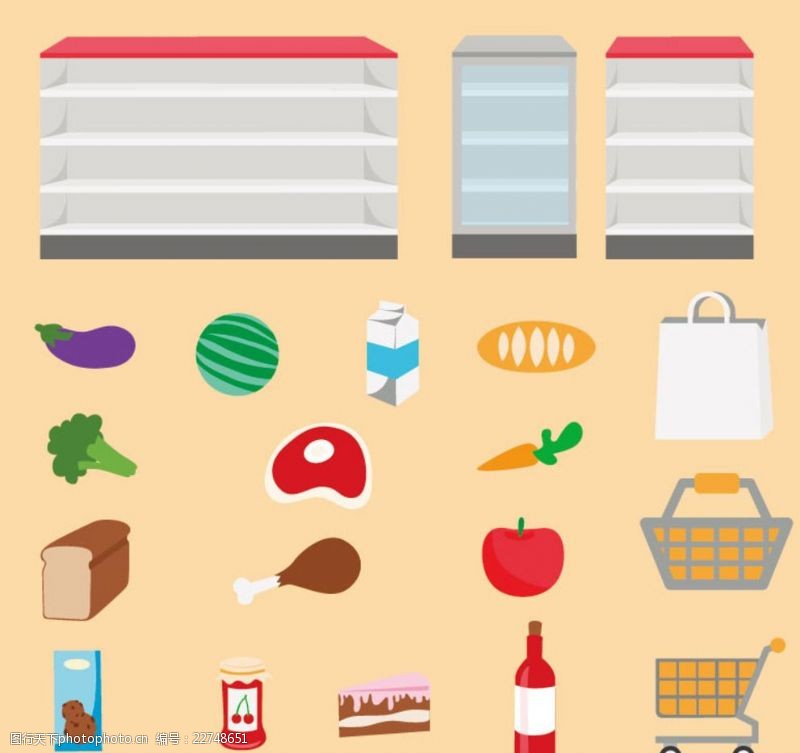 百货超市海报超市货架与食物设计矢量素材