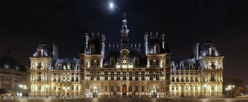 法国著名建筑巴黎市政厅广场夜景