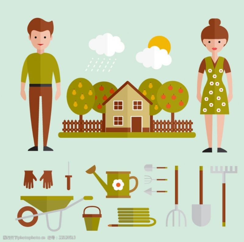 住宅海报扁平化人物和园艺工具矢量图