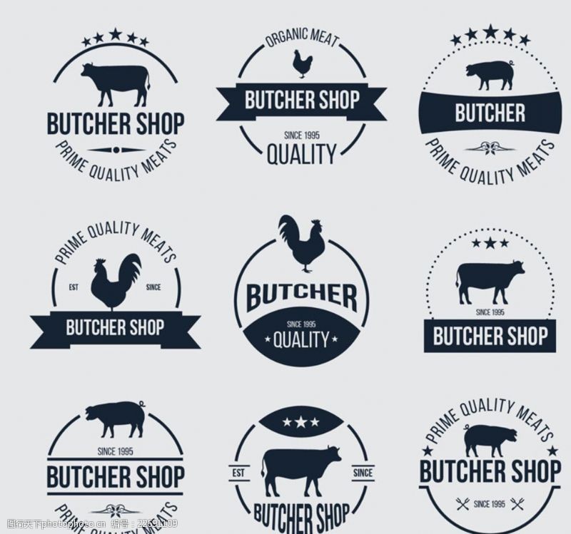 公牛标志9款创意肉制品商店标签矢量素材