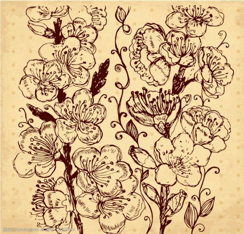 点状复古手绘花卉设计矢量素材