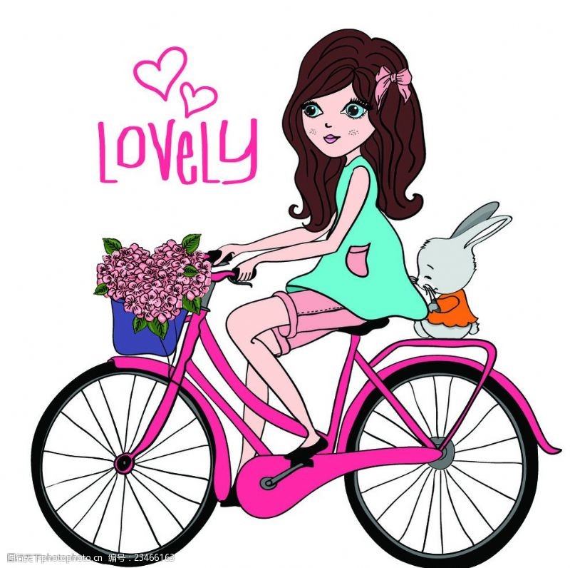 骑自行车手绘少女