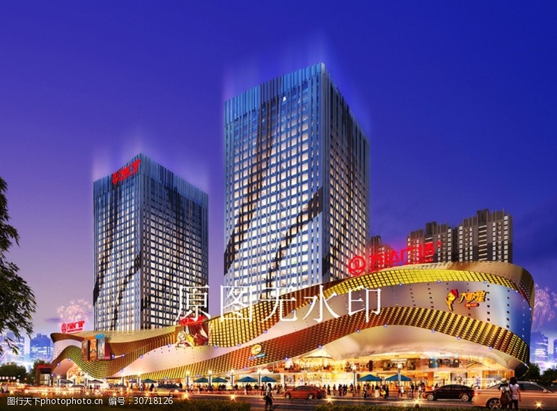 高层公建商业模型夜景商业街酒店城市