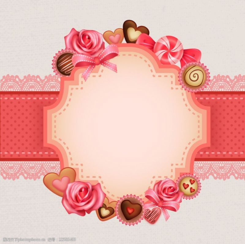 鲜花饼横幅玫瑰与糖果空白标签背景