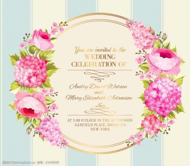粉色玫瑰花背景矢量婚礼手绘花卉卡片设计