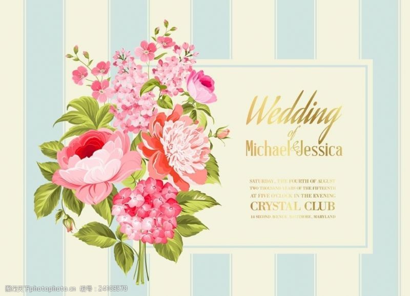 粉色玫瑰花背景矢量婚礼手绘花卉卡片设计