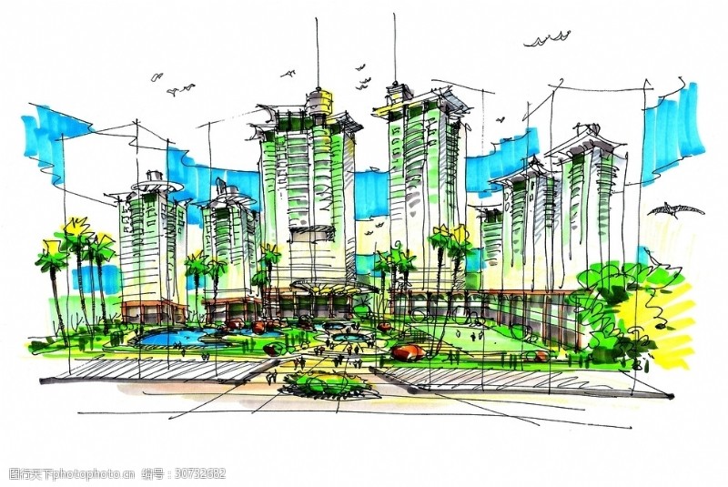 手绘天空设计素材东江明珠花园空间关系草图