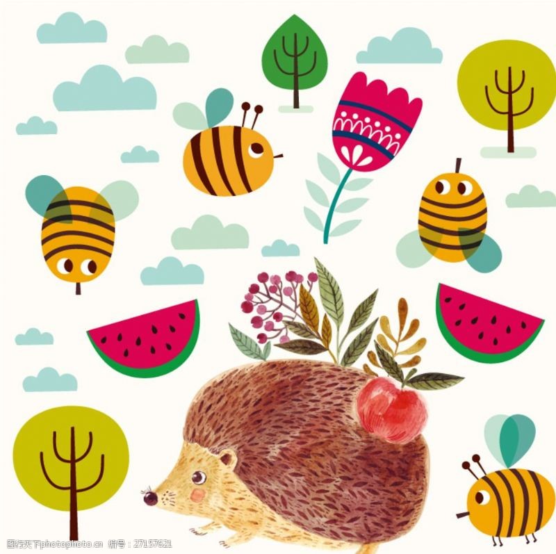蜂蜜和水果刺猬和蜜蜂