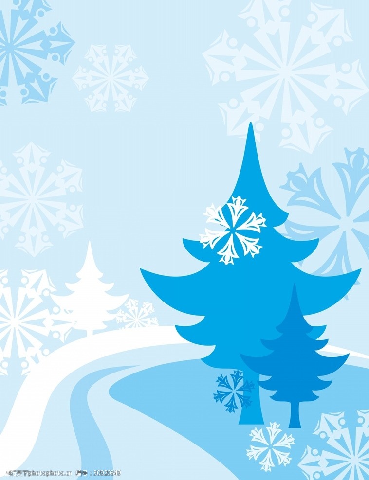 卡通雪地矢量圣诞树木雪花素材
