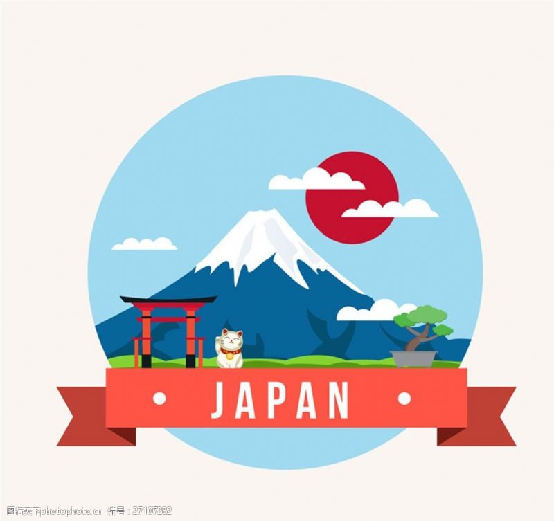 招财猫创意日本富士山风景插画矢量素材