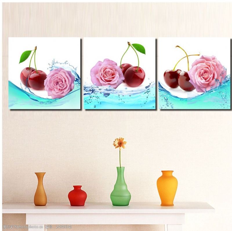 樱花装饰餐厅水果三联无框画平面图