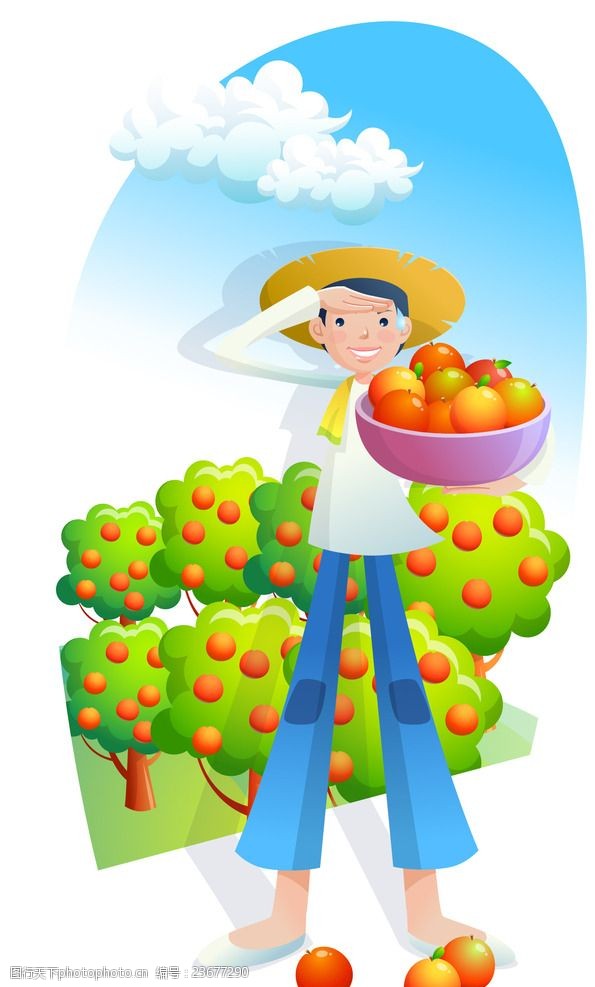 韩国卡通水果收获成熟果实的男生