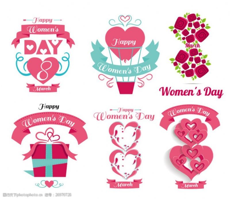 粉红丝带女性6款妇女节标签素材