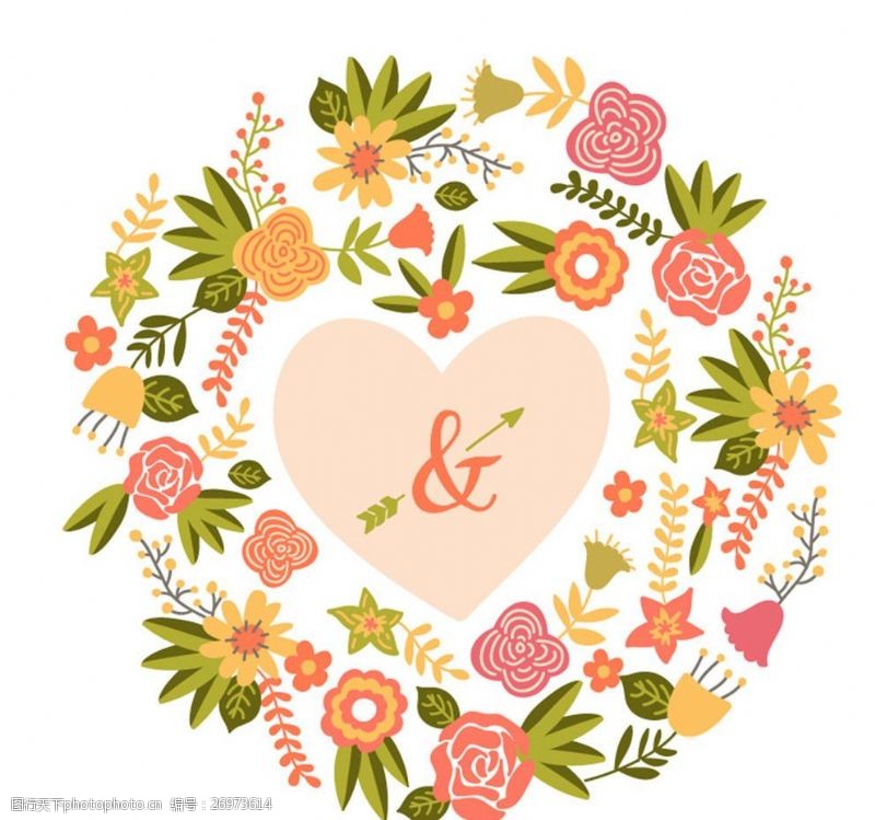爱心箭彩色花卉婚礼海报矢量素材