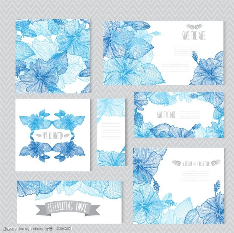 婚礼图片免费下载蓝色手绘花卉婚礼卡片矢量图