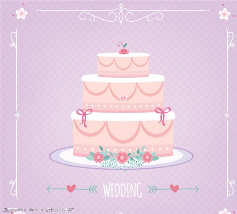 爱心箭粉色婚礼蛋糕矢量素材