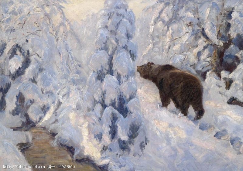 油画风格欧洲雪地熊油画