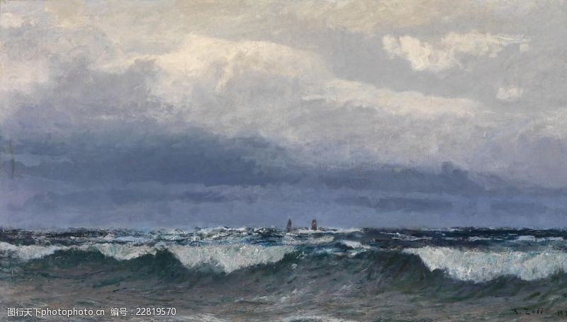 油画风格欧洲海边风景油画