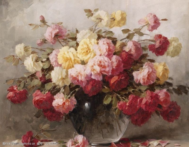 静物系列欧洲花卉花朵花瓶油画