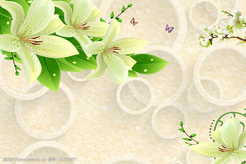 粉牡丹3d圆圈简约百合绿花壁画背景图片