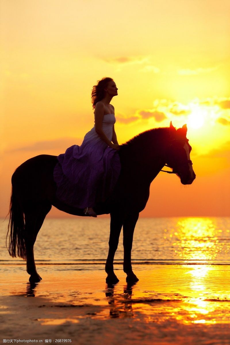 夕阳落日黄昏海边骑马的美女图片