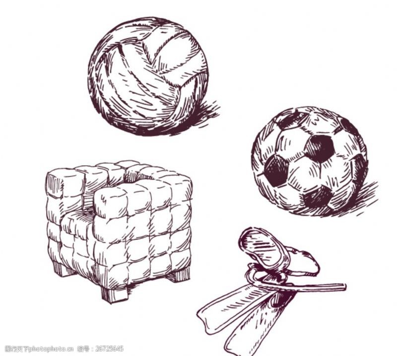 怀旧足球矢量素材欧式手绘皮球单人沙发