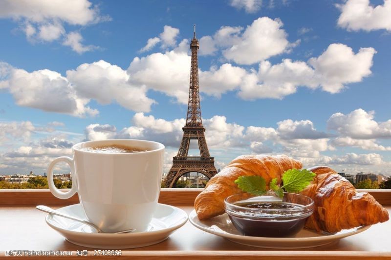 美食城埃菲尔铁塔与咖啡面包图片
