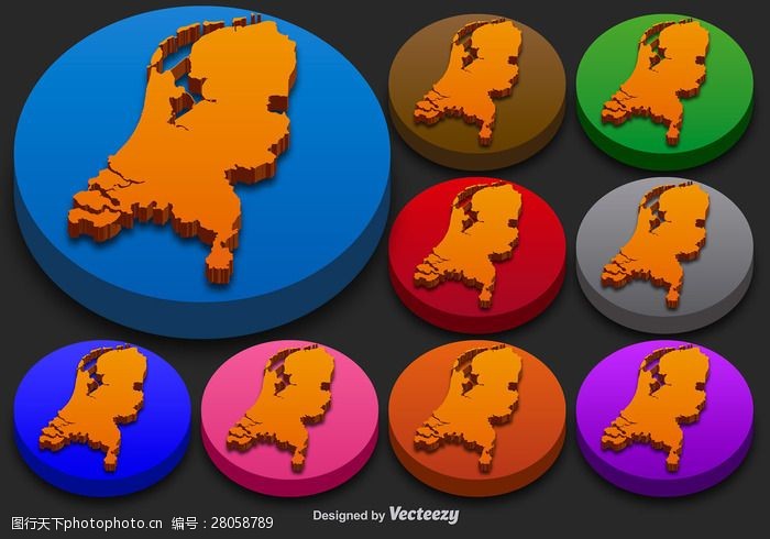 欧洲国家的地图荷兰的状态向量的三维轮廓丰富多彩的荷兰图标按钮