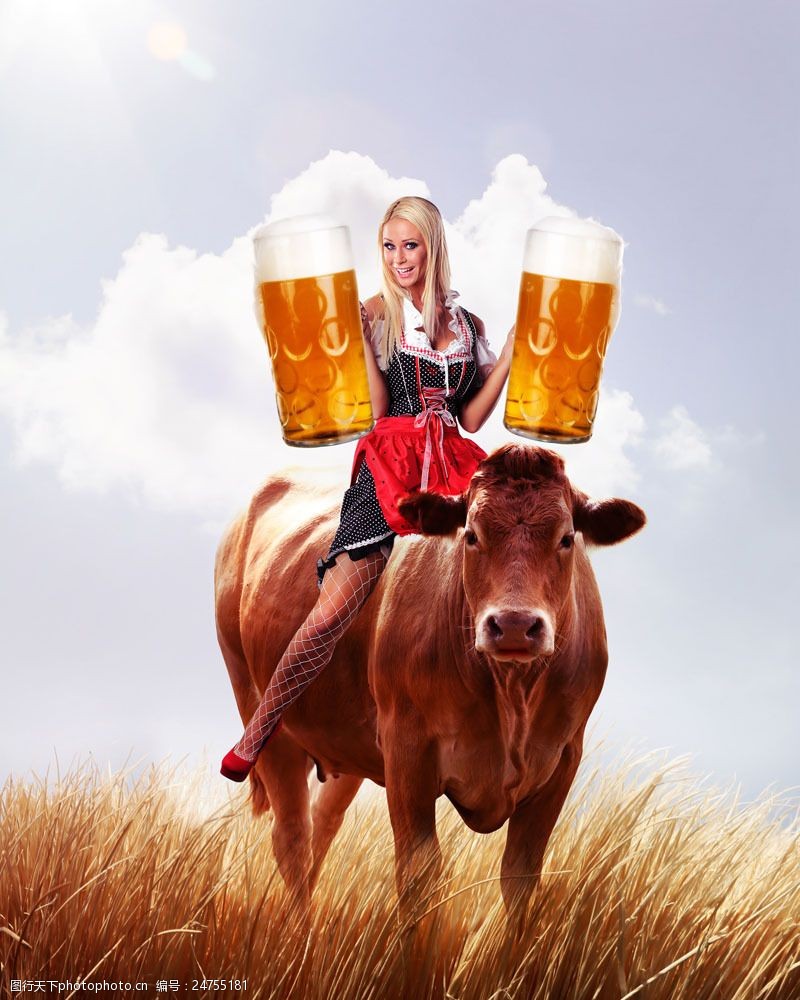 材料员牛背上拿着啤酒的美女图片