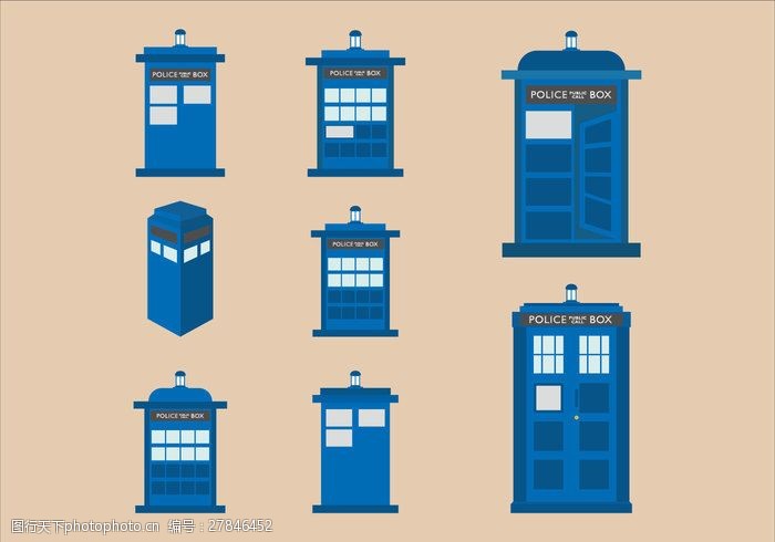 飞机盒平面图TARDIS的蓝色电话亭的矢量平面插画设计