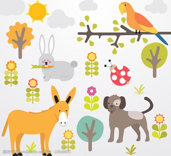 卡通兔子植物与动物插画