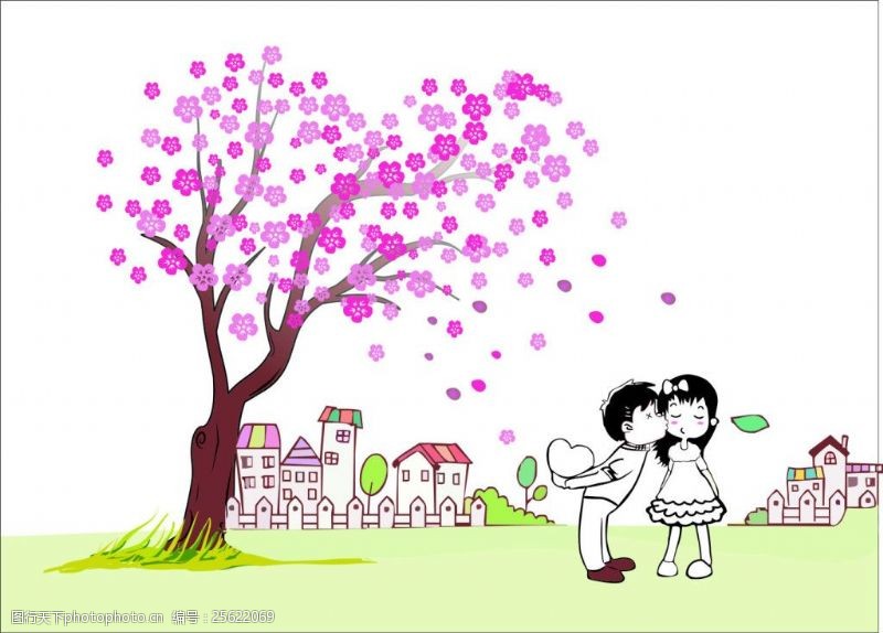 卡通房子桃花节树下爱情素材