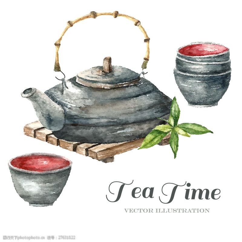古典淡雅风格手绘茶壶茶杯设计