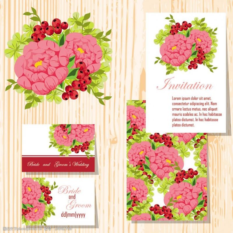 花卉名片红色花朵婚礼卡片矢量素材