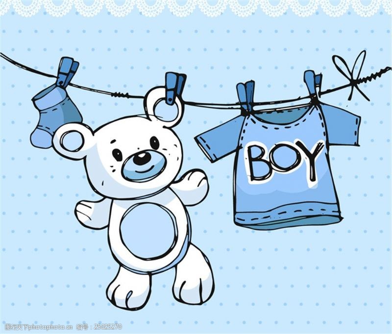 婴儿玩具蓝色晾衣绳和玩具熊矢量图