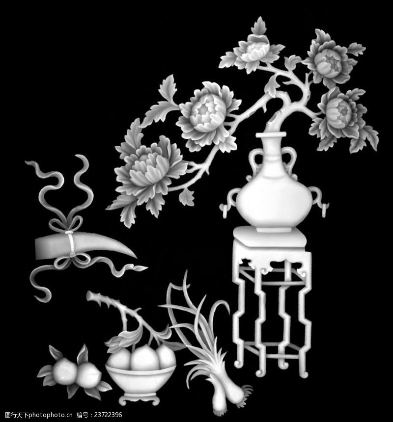四季兰牡丹花花瓶八宝浮雕灰度图