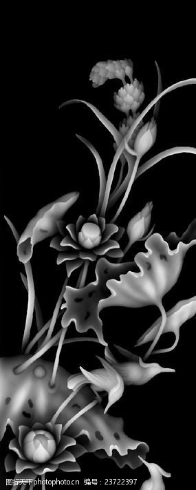 四季兰牡丹花花瓶浮雕灰度图
