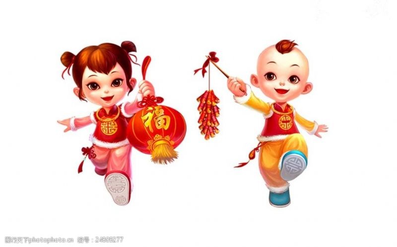 古典气息男女娃娃打灯笼提鞭炮中国喜庆过年福字