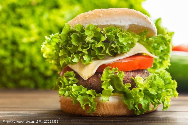 生牛肉生菜汉堡摄影图片