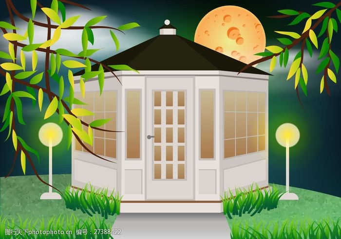 建筑材料与月亮的光矢量在花园里的白色凉亭