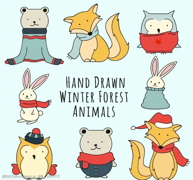 卡通兔子穿着冬季服装的手工绘制的动物