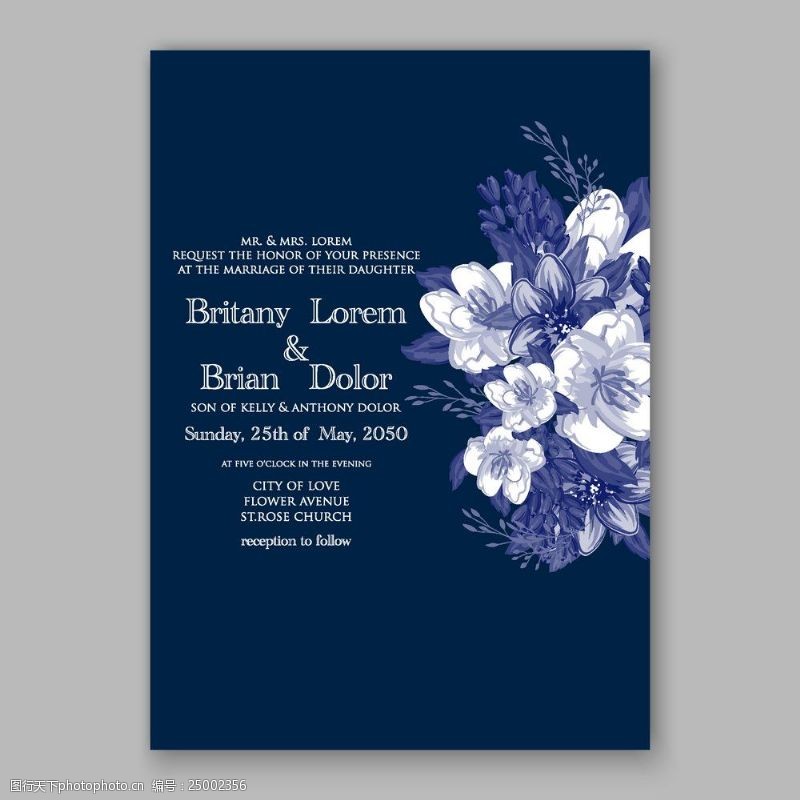 结婚请柬元素蓝色花朵婚礼请贴模板下载