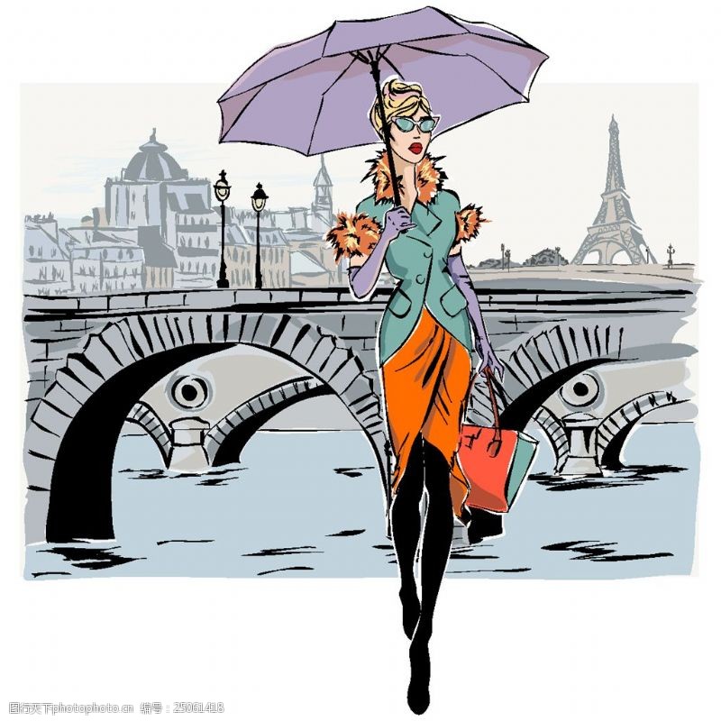 打伞人巴黎旅游购物美女插画