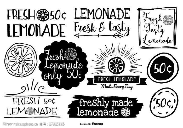 新鲜的水果标签手绘风格柠檬水标签