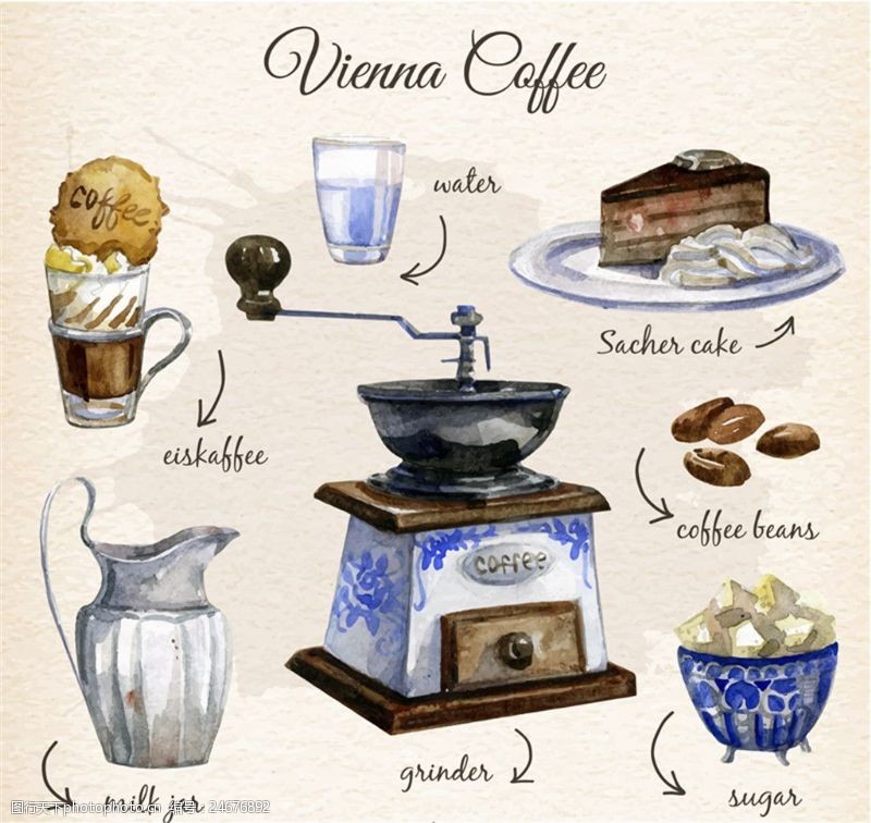 蛋糕美食画册7款水彩绘维也纳咖啡元素矢量素材