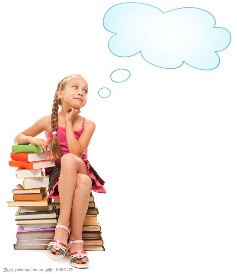 坐书本的小孩坐在书本上幻想的小女孩图片