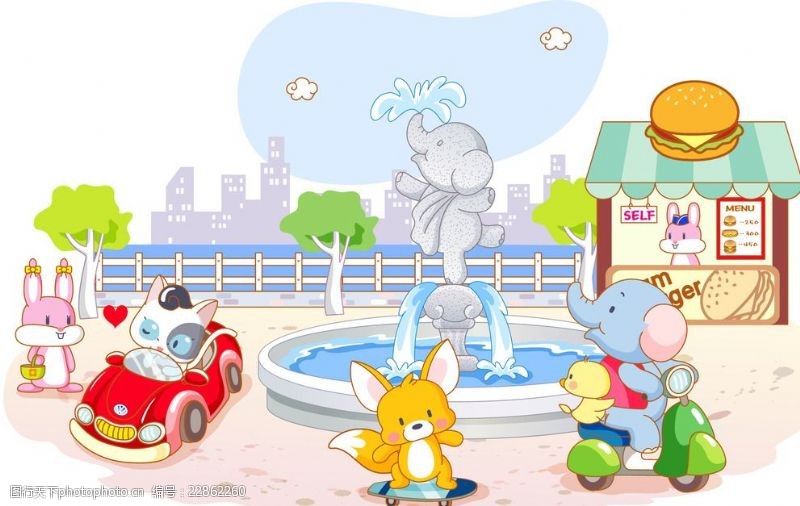 可爱的小象公园里玩耍的可爱卡通动物