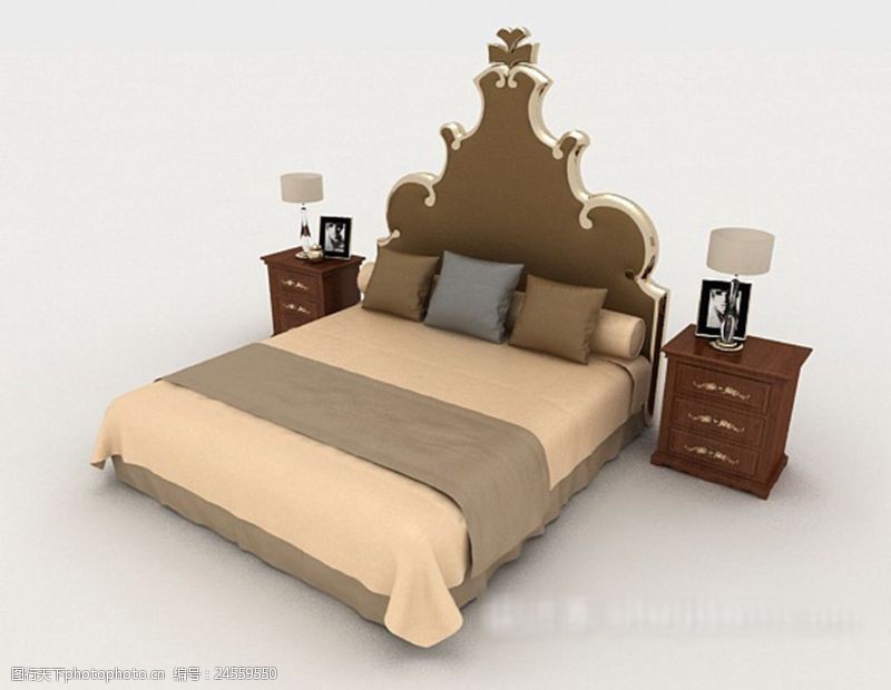 复古家具个性浅棕色双人床3d模型下载